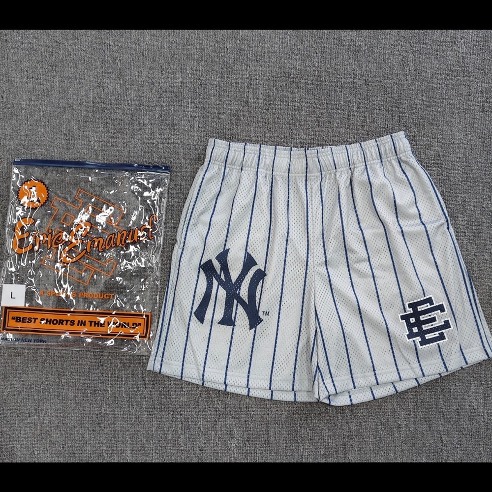 Eric Emanuel White Pinstripe New York Yankees Athletic Shorts with Navy Logos